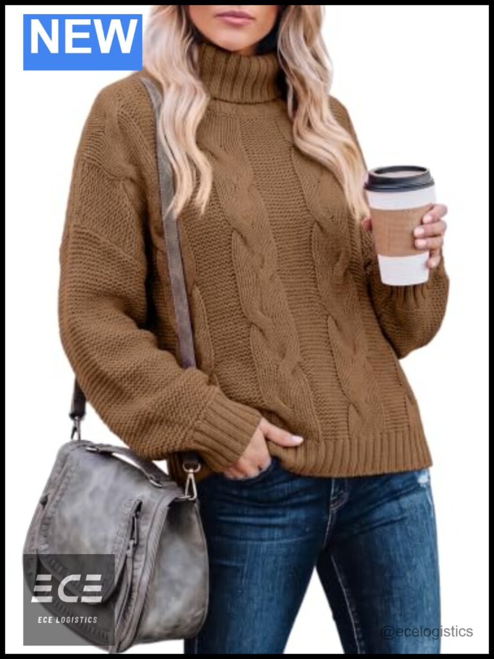 Chunky Cable Knit Turtleneck Pullover Sweater Oversized Batwing Sleeve